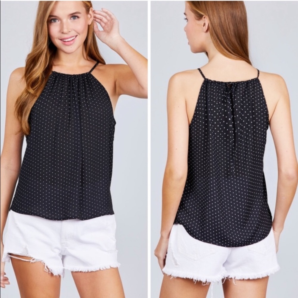 Black with white polka dots halter neck cami.